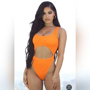 NWT Fashion Nova drinks and tans smocked one piece swimsuit orange